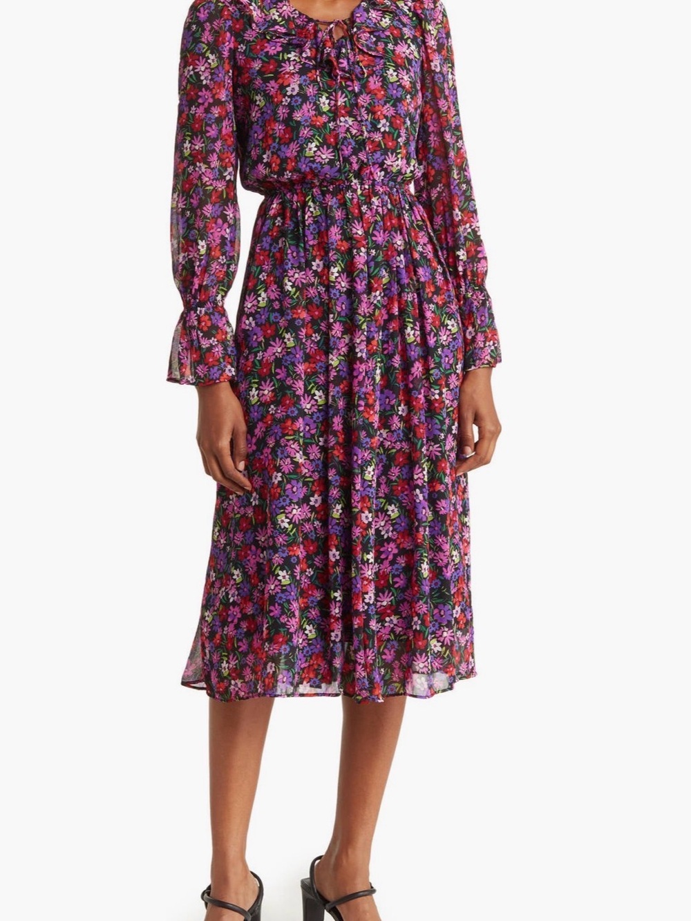 Calvin Klein RUFFLE V NECK MIDI dress size 12 color black/multi new!